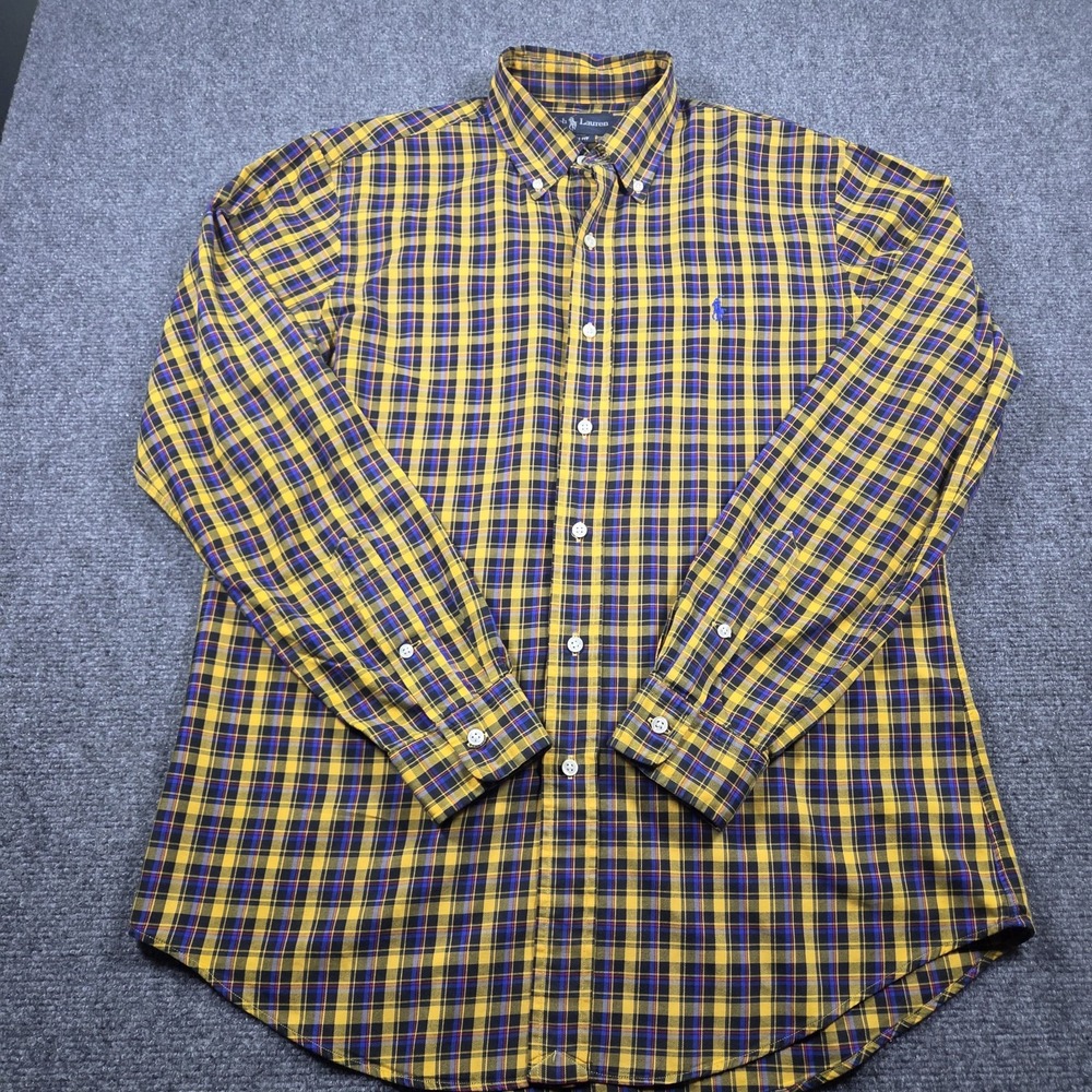 Polo Ralph Lauren Shirt Mens Medium Yellow Blue Plaid Custom Fit Button Down